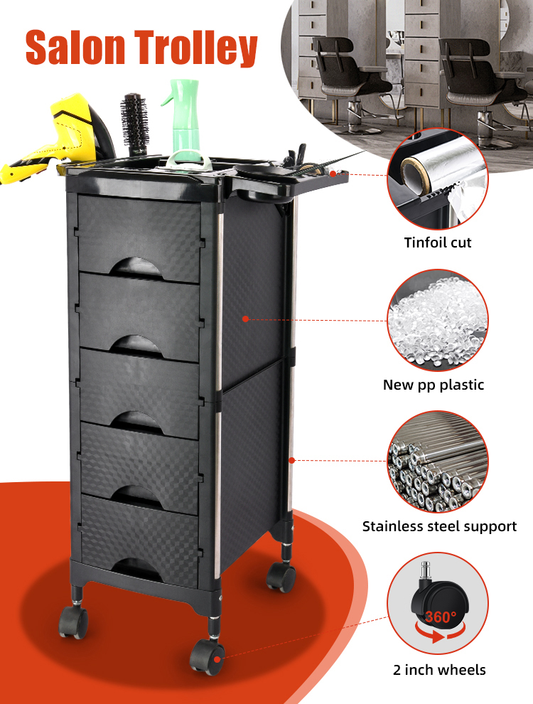 Salon Trolley Features: The Salon Trolley is an indispensable tool for any salon professional looking to enhance their organization and efficiency. Its thoughtful design, durable construction, and convenient features make it a valuable investment that will elevate your salon experience. Key Features: Ample Storage Capacity: Equipped with multiple drawers, this trolley provides generous space for all your essential salon tools and supplies. Convenient Tinfoil Cutout: A strategically placed cutout on the top surface allows for quick and easy access to tinfoil, streamlining your hair coloring process. Durable New PP Plastic Construction: Crafted from high-quality, new PP plastic, this trolley is built to withstand the rigors of a busy salon environment while remaining lightweight and easy to maneuver. Sturdy Stainless Steel Support: The trolley features a robust stainless steel support structure, ensuring stability and longevity. 360° Rotating Wheels: Smooth-rolling 2-inch wheels with 360° rotation provide effortless mobility, allowing you to move the trolley around your salon with ease. Benefits: Enhanced Organization: Neatly organize your tools and supplies, reducing clutter and saving valuable time during appointments. Increased Efficiency: Keep your essential tools within arm's reach, improving your workflow and allowing you to serve more clients. Improved Professionalism: A well-organized workspace reflects professionalism, enhancing the client experience and showcasing your attention to detail. Durability and Longevity: High-quality materials and construction ensure the trolley can withstand the demands of daily salon use. Salon Trolley Features: The Salon Trolley is an indispensable tool for any salon professional looking to enhance their organization and efficiency. Its thoughtful design, durable construction, and convenient features make it a valuable investment that will elevate your salon experience. Key Features: Ample Storage Capacity: Equipped with multiple drawers, this trolley provides generous space for all your essential salon tools and supplies. Convenient Tinfoil Cutout: A strategically placed cutout on the top surface allows for quick and easy access to tinfoil, streamlining your hair coloring process. Durable New PP Plastic Construction: Crafted from high-quality, new PP plastic, this trolley is built to withstand the rigors of a busy salon environment while remaining lightweight and easy to maneuver. Sturdy Stainless Steel Support: The trolley features a robust stainless steel support structure, ensuring stability and longevity. 360° Rotating Wheels: Smooth-rolling 2-inch wheels with 360° rotation provide effortless mobility, allowing you to move the trolley around your salon with ease. Benefits: Enhanced Organization: Neatly organize your tools and supplies, reducing clutter and saving valuable time during appointments. Increased Efficiency: Keep your essential tools within arm's reach, improving your workflow and allowing you to serve more clients. Improved Professionalism: A well-organized workspace reflects professionalism, enhancing the client experience and showcasing your attention to detail. Durability and Longevity: High-quality materials and construction ensure the trolley can withstand the demands of daily salon use.