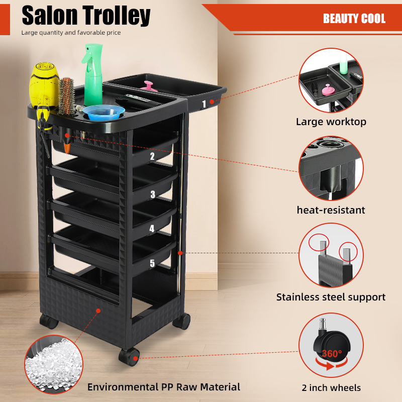 2. Your Mobile Command Center: The Indispensable Salon Trolley A stylist's best friend, the humble salon trolley is the unsung hero of efficiency. A well-organized trolley keeps everything you need at your fingertips, transforming your workflow. Maximized Efficiency: No more backtracking to your station for a brush, clip, or product. A multi-tiered trolley allows you to organize tools, color bowls, foils, and retail products logically, saving precious minutes with every client. Enhanced Professionalism: A cluttered, disorganized workspace can undermine client confidence. A sleek trolley projects an image of competence, order, and professionalism. Space-Saving Design: With rolling models, you can create a mobile workstation that tucks neatly away when not in use, keeping your floor space open and inviting. Pro Tip: Opt for a trolley with raised edges on the shelves to prevent tools from sliding off, and ensure the casters are smooth-rolling and lockable for safety. 2. Your Mobile Command Center: The Indispensable Salon Trolley A stylist's best friend, the humble salon trolley is the unsung hero of efficiency. A well-organized trolley keeps everything you need at your fingertips, transforming your workflow. Maximized Efficiency: No more backtracking to your station for a brush, clip, or product. A multi-tiered trolley allows you to organize tools, color bowls, foils, and retail products logically, saving precious minutes with every client. Enhanced Professionalism: A cluttered, disorganized workspace can undermine client confidence. A sleek trolley projects an image of competence, order, and professionalism. Space-Saving Design: With rolling models, you can create a mobile workstation that tucks neatly away when not in use, keeping your floor space open and inviting. Pro Tip: Opt for a trolley with raised edges on the shelves to prevent tools from sliding off, and ensure the casters are smooth-rolling and lockable for safety.