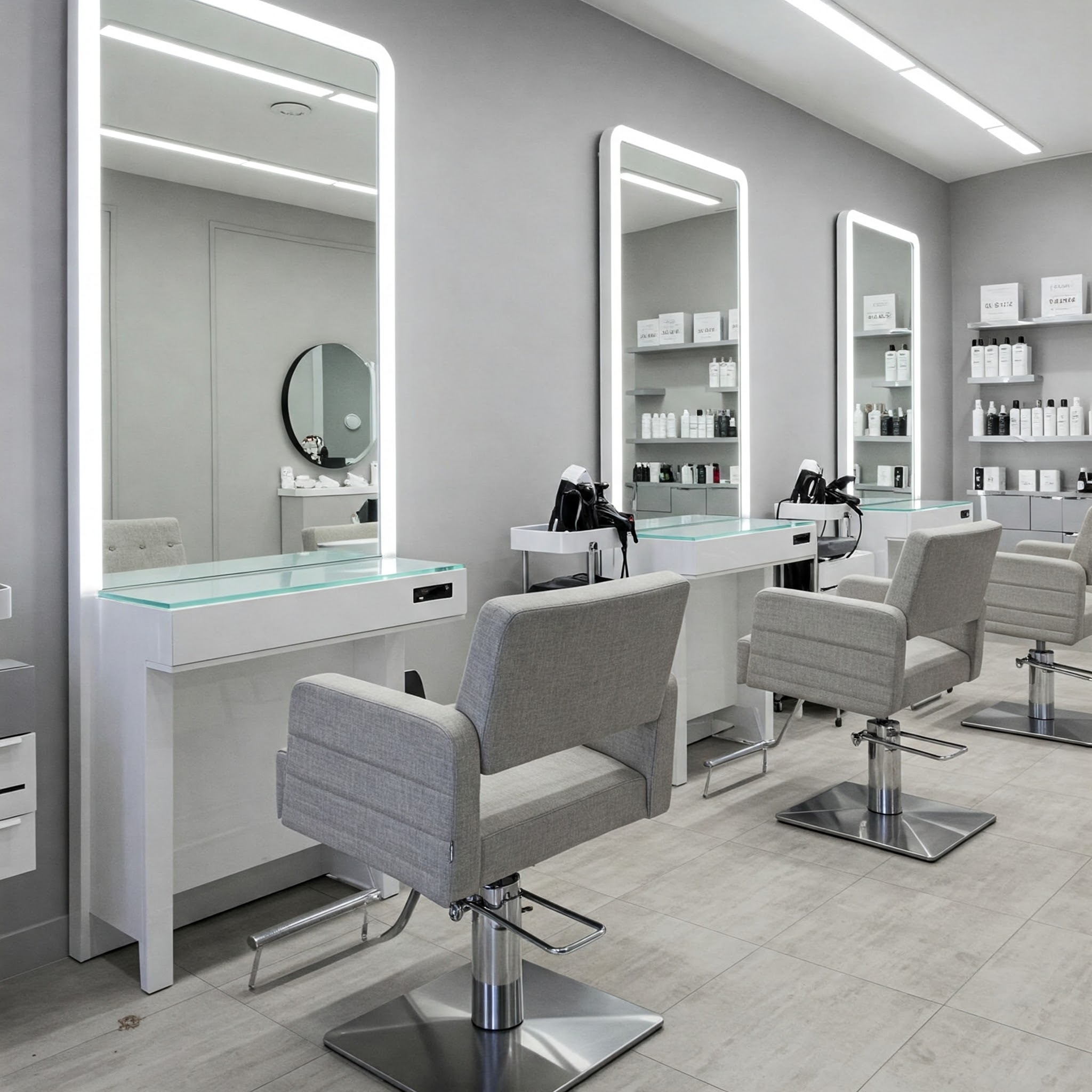 If not cleaned properly, this can lead to: Unsanitary conditions (bacteria, odors). Permanent stains ruining aesthetics. Solution: Select Non-Porous & Antimicrobial Materials A. Tempered Glass or Laminate Tables Resistant to chemicals (no staining from hair dyes). Easy to disinfect with glass cleaner.