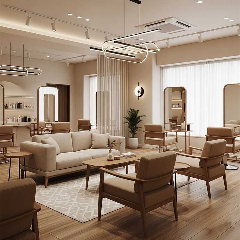 1. Environmental Psychology: Space Design & Emotional Experience Creating a Sense of Belonging The style of salon furniture (e.g., vintage, modern, or cozy) directly affects customers' emotional connection to the space. Psychological studies show that when an environment aligns with personal aesthetics or identity (Self-Congruity Theory), customers are more likely to develop loyalty. Suggestion: Use surveys or customer profiling to tailor furniture styles to their preferences. Color & Emotional Response Warm tones (e.g., beige, light brown) promote relaxation and security (Color Psychology), reducing defensiveness, while bright colors may cause fatigue over time. Suggestion: Use muted tones in waiting areas and strategic pops of color in service zones.
