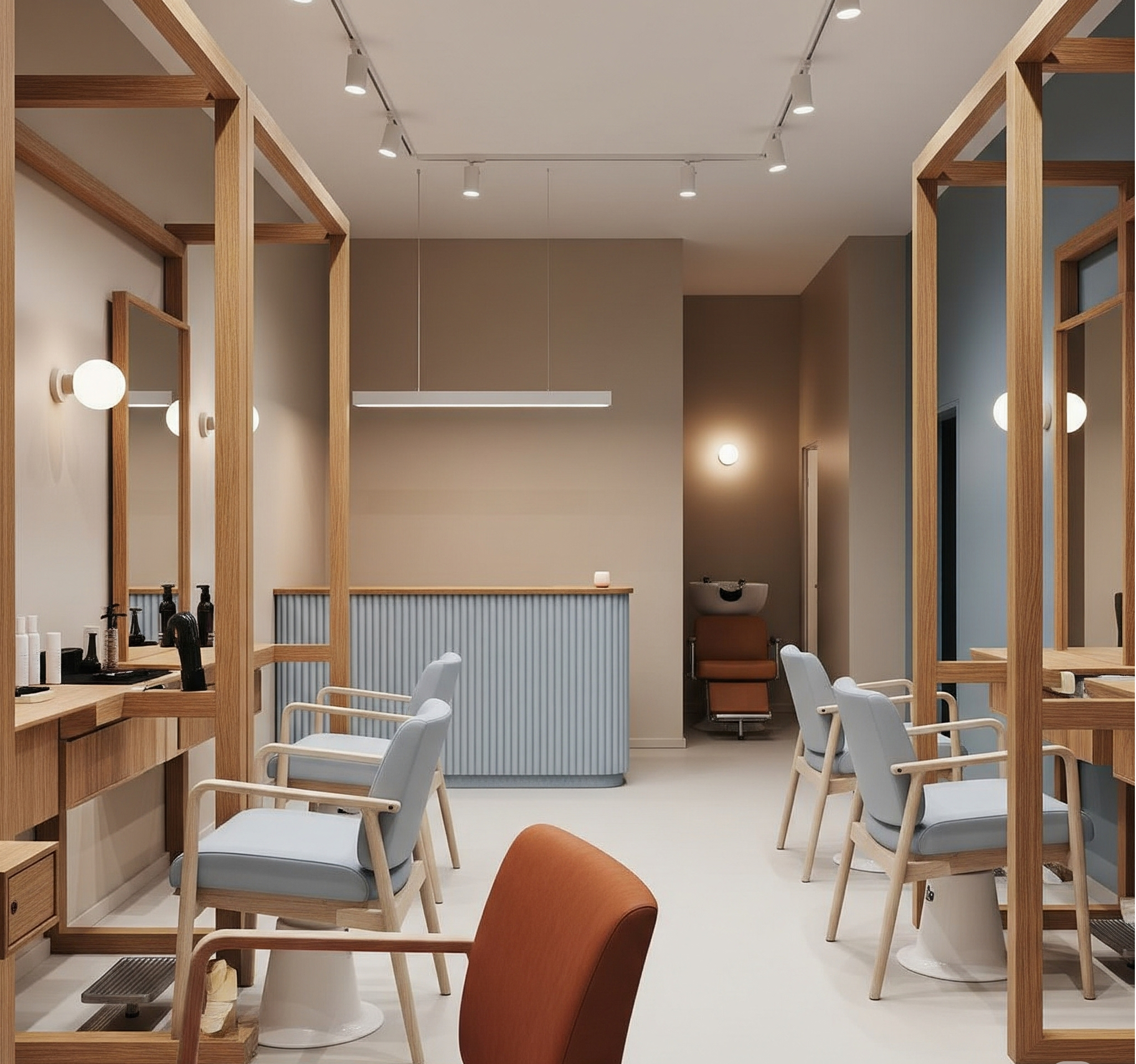 Chapter 2: Scandinavian Salon Furniture – Balance of Nature and Function 2.1 Design Philosophy: Democratic Design Scandinavian style prioritizes functionalism, where beauty must coexist with utility. Key features include: Ergonomic chairs – Comfortable for prolonged use. Modular designs – Customizable layouts for any space. Sustainability – FSC-certified wood and recyclable metals. 2.2 Colors and Materials Colors: White, light wood tones, accented with muted shades (e.g., dusty blue, nude pink). Materials: Oak, pine, and wool fabrics emphasize warmth. 2.3 Spatial Layout: Openness and Interaction Scandinavian salons often adopt open plans to encourage socialization: Circular mirror stations facilitate stylist-client communication. No partitions between lounges and work areas foster a relaxed vibe. Case Study: Copenhagen’s "Norm" Salon Using furniture from Danish brand HAY, this salon blends wooden frames with soft lighting for a hygge (cozy) feel.