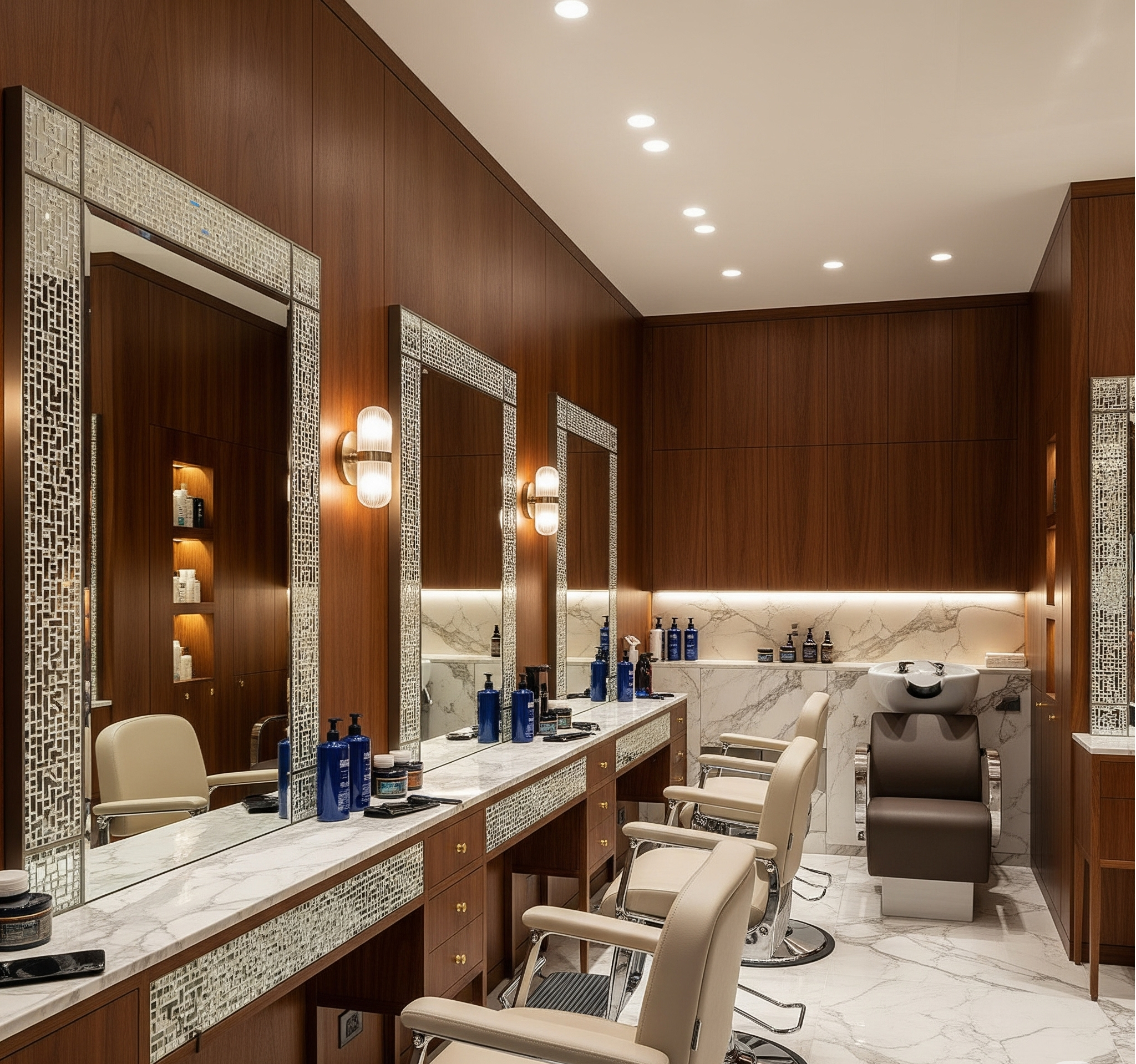 Chapter 3: Italian Salon Furniture – Luxury as Art 3.1 Design Philosophy: Renaissance Legacy Italian salon furniture embraces sculptural forms, blending Baroque and modern minimalism: Curved silhouettes – Arched mirrors, wave-shaped shampoo beds. High-end materials – Marble, leather, and brass. 3.2 Colors and Materials Colors: Deep red, emerald green, and gold exude opulence. Materials: Carrara marble, calfskin, polished metal. 3.3 Spatial Layout: Theatrical Displays Italian salons resemble art galleries: Mirror stations as stages, enhanced by spotlighting. Asymmetric furniture placements for visual drama. Case Study: Milan’s "Davines" Flagship Salon Designed by a renowned architect, this salon features Venetian glass mirrors and marble floors, evoking a high-end jewelry store.