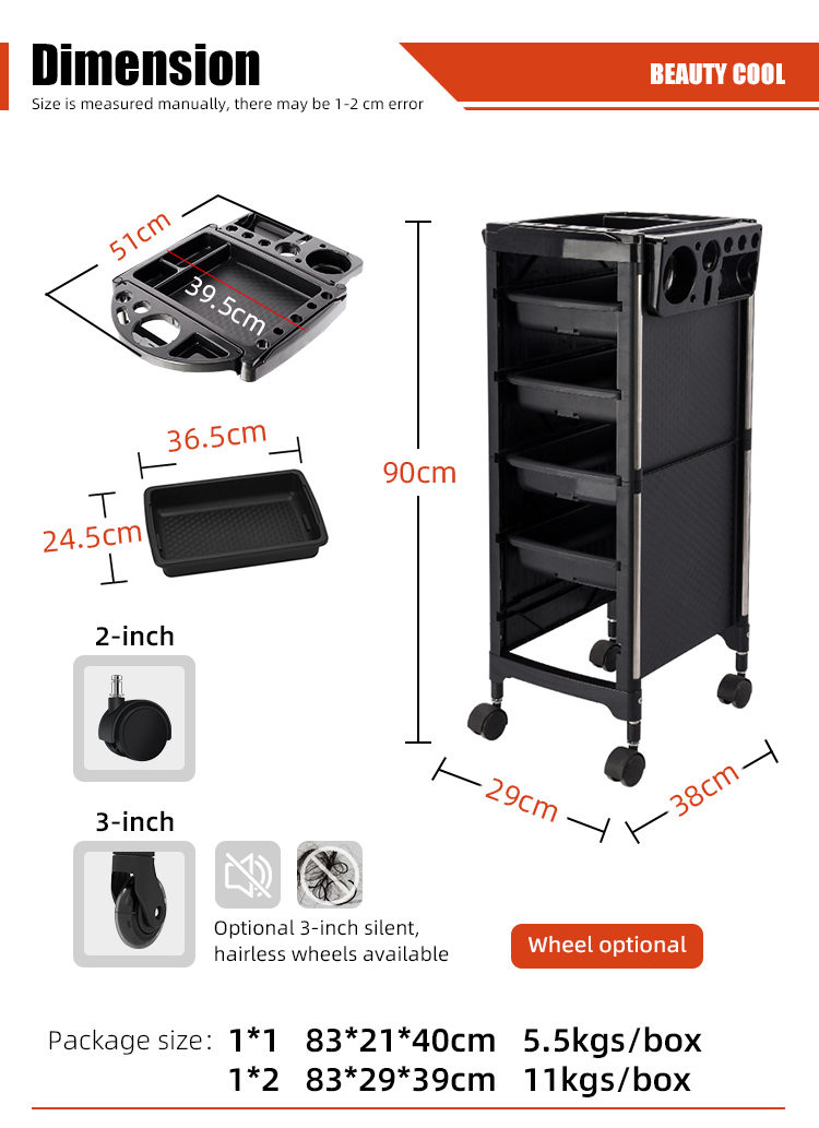 Salon trolley is an indispensable tool for hair and beauty industry, it can effectively improve the working efficiency and keep the working area neat and orderly, made of high quality ABS plastic, it is lightweight, strong and durable, easy to move and not easy to be damaged. Provide a variety of styles and colors to choose from, to meet the decorative style of different places and personal preferences, it is suitable for hair salons, beauty salons, SPA clubs, nail salons, families and other places!