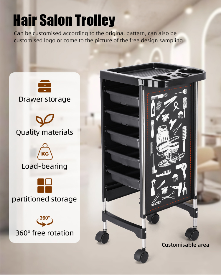 BeautyCool Hair Salon Trolley: Customizable & Efficient for Your Salon Needs The Hair Salon Trolley is designed to be a versatile and efficient solution for salon professionals. Offering customizable options and a range of features, this trolley helps keep your tools organized and within easy reach, enhancing your workflow and client experience. Key Features: Customizable Design: This trolley can be customized according to the original pattern, allowing you to choose the style that best suits your salon. You can also customize the logo or provide your own design for a personalized touch. Free design sampling is available. Ample Drawer Storage: Multiple drawers provide ample space for all your styling tools and supplies, keeping them neatly organized and easily accessible. High-Quality Materials: Crafted from durable and high-quality materials, this trolley is built to withstand the demands of a busy salon environment. Sturdy Load-Bearing Design: The trolley boasts a robust load-bearing capacity, allowing you to store all your essential tools and supplies without compromising stability. Partitioned Storage: The drawers feature partitioned compartments, enabling you to further organize your tools and prevent clutter. 360° Free Rotation Wheels: Equipped with smooth-rolling wheels that offer 360° free rotation, this trolley can be effortlessly maneuvered around your salon, providing maximum convenience. Customizable Area: The side panel of the trolley offers a customizable area, allowing you to showcase your brand or add a personal touch. Benefits: Enhanced Organization: Neatly organize your tools and supplies, reducing clutter and saving valuable time during appointments. Increased Efficiency: Keep your essential tools within arm's reach, improving your workflow and allowing you to serve more clients. Improved Professionalism: A well-organized and personalized workspace reflects professionalism, enhancing the client experience and showcasing your attention to detail. Durability and Longevity: High-quality materials and construction ensure the trolley can withstand the demands of daily salon use.