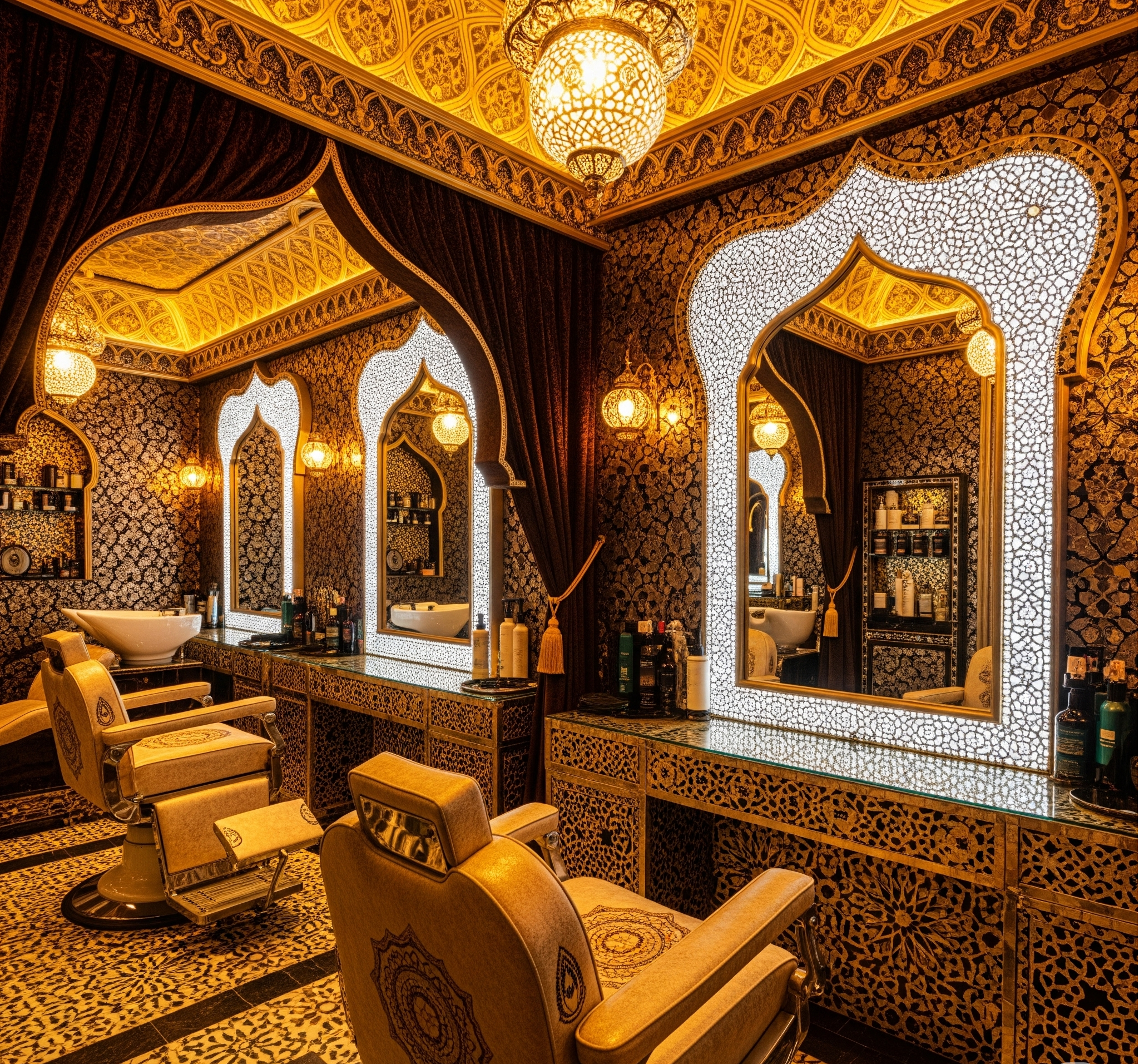 Chapter 5: Middle Eastern Salon Furniture – Opulence Meets Tradition 5.1 Design Philosophy: Regal Grandeur Influenced by Islamic architecture, Middle Eastern salons showcase: Arched mirrors – Resembling mosque domes. Inlay craftsmanship – Mother-of-pearl, gold leaf. 5.2 Colors and Materials Colors: Gold, sapphire blue, emerald green. Materials: Velvet, brass, mosaic tiles. 5.3 Spatial Layout: Privacy and Prestige VIP rooms with carved screens ensure exclusivity. Aromatherapy and hookah lounges enhance immersion. Case Study: Dubai’s "N.Bar" Themed after Arabian Nights, this salon features throne-like shampoo beds and Swarovski-encrusted mirrors.