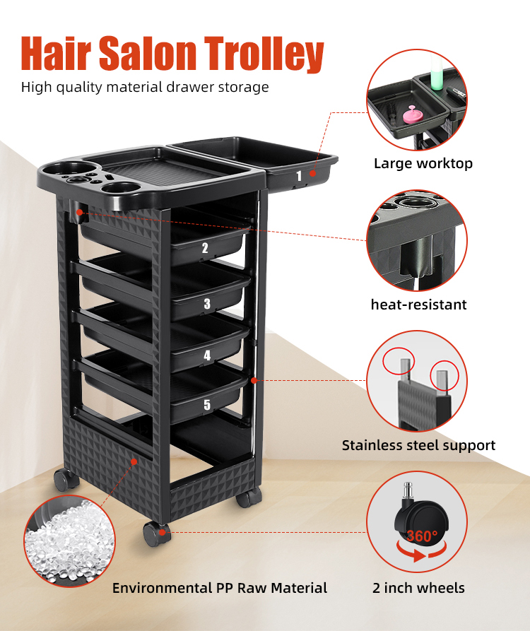 Equipped with smooth-rolling wheels for easy mobility within the salon. Made from lightweight plastic for easy portability and handling. Features multiple shelves for organized storage of salon tools and products. Constructed with high-quality, durable plastic for long-lasting use. Smooth surface allows for quick and easy cleaning after use. Adjustable shelves to accommodate tools and products of various sizes. Includes drawers for secure storage of small items like clips, combs, etc. Foldable design for space-saving storage when not in use. Lockable wheels to ensure stability during treatments. Ergonomic handle for easy pushing and pulling. Water-resistant material to protect against spills and moisture. Suitable for various salon treatments, including hair, nails, and makeup. Sleek and modern design to complement salon decor. Sturdy construction to support heavy loads of salon equipment.