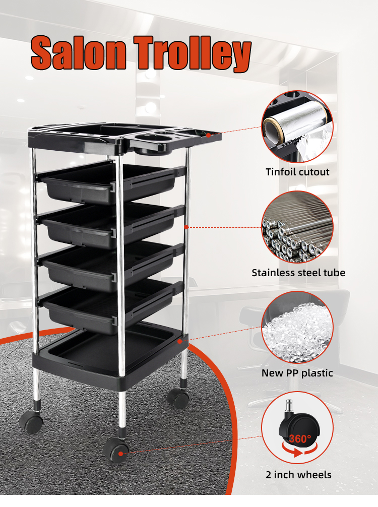 Salon Trolley Features: The Salon Trolley is a must-have for any stylist or salon professional looking to keep their tools organized and within reach. With plenty of storage capacity and a variety of features, this trolley is designed to make your work easier and more efficient. Ample Storage: Multiple drawers and compartments provide ample space for all your styling tools, ensuring everything has its place. Tinfoil Cutout: A convenient cutout on the top surface allows for easy access to tinfoil, streamlining your hair coloring process. Stainless Steel Tube Support: The trolley is built with durable stainless steel tube supports, ensuring stability and longevity. 360° Wheels: Smooth-rolling 2-inch wheels with 360° rotation allow for effortless maneuverability around the salon. New PP Plastic Construction: Made from high-quality, new PP plastic, this trolley is both sturdy and lightweight. Enhanced Organization: Keep your tools neatly organized, reducing clutter and saving time. Increased Efficiency: Having your tools readily available allows you to work more efficiently and serve more clients. Improved Professionalism: A well-organized workspace reflects professionalism and enhances the client experience. Durability and Longevity: High-quality materials and construction ensure the trolley can withstand the demands of a busy salon environment.