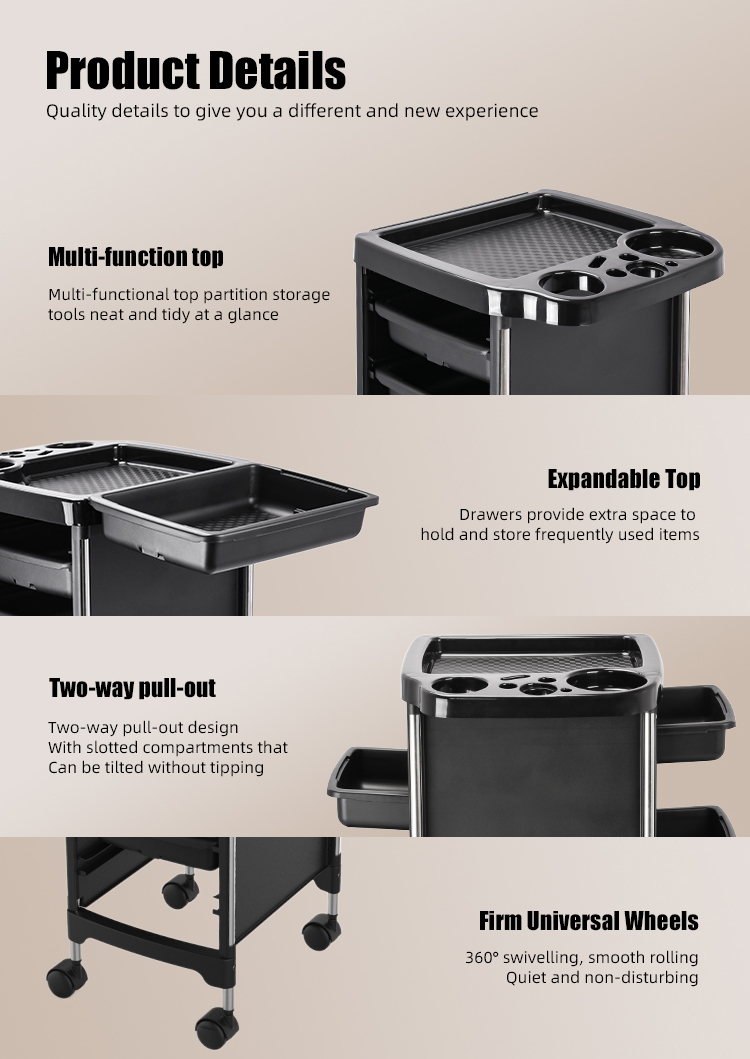 Product Details Experience the pinnacle of salon organization with our meticulously crafted Beauty Salon Trolley. Multi-function Top: The top surface boasts a partitioned design, allowing for the neat and orderly storage of various tools. Keep your essentials within easy reach, ensuring a seamless workflow. Expandable Top: Drawers provide additional storage space, perfect for frequently used items. Maximize your storage capacity and keep your workspace clutter-free. Two-way Pull-out: The innovative two-way pull-out design features slotted compartments that can be tilted without tipping. Access your tools from either side with ease and confidence. Firm Universal Wheels: Equipped with 360° swiveling wheels, this trolley offers smooth and effortless mobility. Move around your salon with ease, and enjoy a quiet, non-disruptive experience.