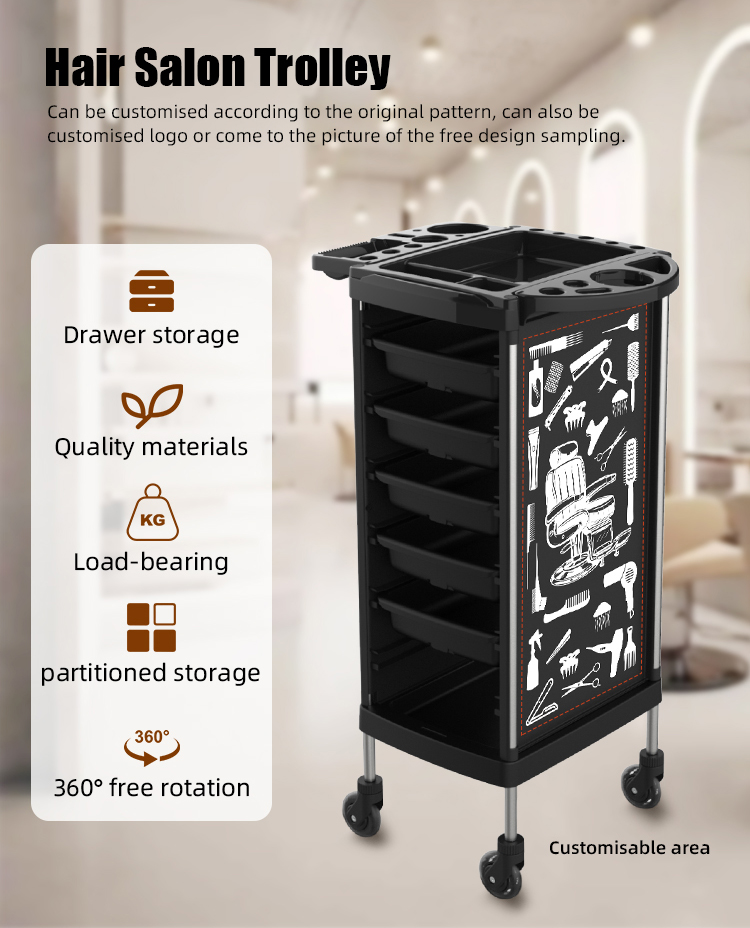 Key Features: Tailored Customization: This trolley can be customized according to the original pattern, allowing you to select the style that best complements your salon's aesthetic. You can also personalize the logo or provide your own design for a unique touch. Complimentary design sampling is available to ensure your vision is realized. Spacious Drawer Storage: Multiple drawers provide ample space for all your styling tools and supplies, ensuring they are neatly organized and readily accessible. Premium Quality Materials: Constructed from durable and high-grade materials, this trolley is built to withstand the rigors of a bustling salon environment. Robust Load-Bearing Capacity: The trolley boasts a sturdy load-bearing capacity, allowing you to store all your essential tools and supplies without compromising stability. Organized Partitioned Storage: The drawers feature partitioned compartments, enabling you to further organize your tools and prevent clutter. Effortless 360° Mobility: Equipped with smooth-rolling wheels that offer 360° free rotation, this trolley can be effortlessly maneuvered around your salon, providing maximum convenience. Personalized Display Area: The side panel of the trolley offers a customizable area, allowing you to showcase your brand or add a personal touch. Benefits: Enhanced Organization and Efficiency: Neatly organize your tools and supplies, reducing clutter and saving valuable time during appointments. Elevated Professionalism: A well-organized and personalized workspace reflects professionalism, enhancing the client experience and showcasing your attention to detail. Increased Client Satisfaction: Keep your essential tools within arm's reach, improving your workflow and allowing you to serve more clients. Durability and Longevity: High-quality materials and construction ensure the trolley can withstand the demands of daily salon use.