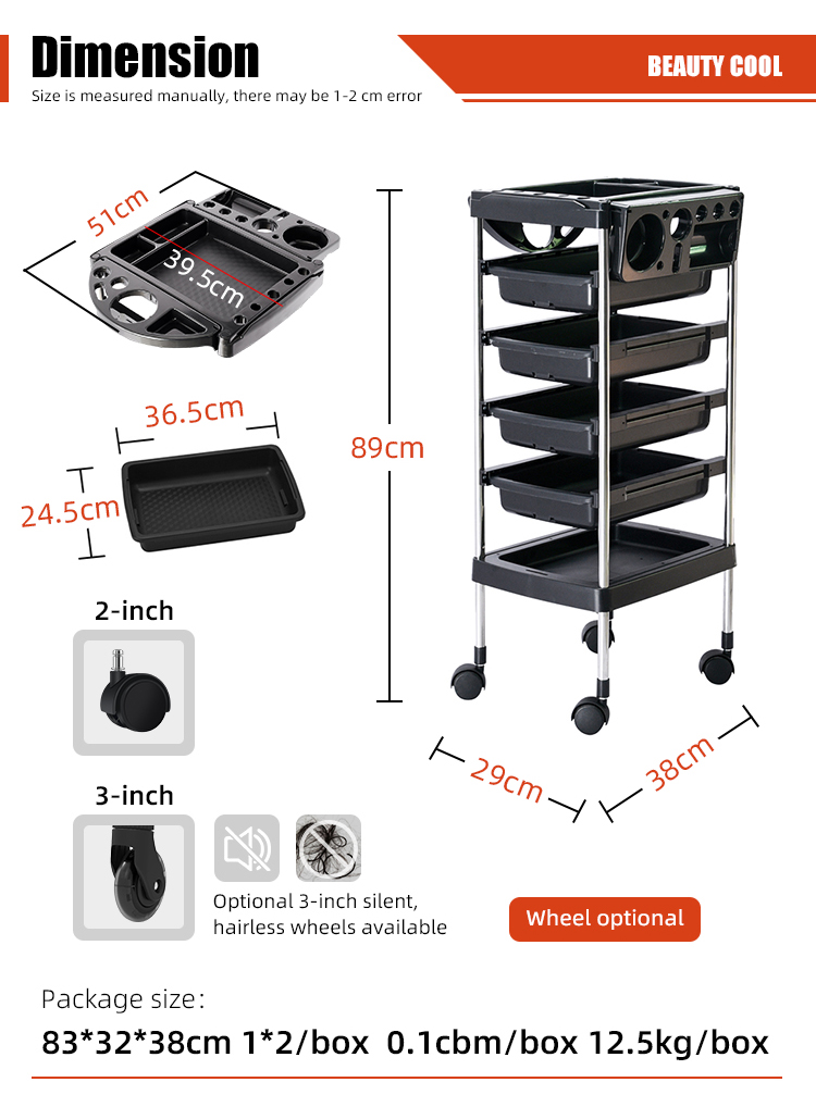 The BeautyCool Salon Trolley enhances salon organization. This trolley includes a variety of compartments. It stores tools and products efficiently. The design features smooth, quiet wheels. It allows effortless movement. The trolley has a robust and stable frame. It supports the demands of daily salon use. The surfaces are designed for easy cleaning. It ensures a hygienic workspace. This trolley is offered in a spectrum of colors. It complements any salon's aesthetic. Select a color that aligns with your professional image. It is a reliable and stylish addition to your salon.