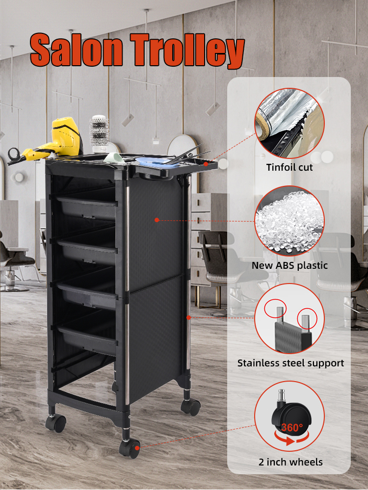 Salon Trolley Features: Sturdy and Durable: Made from new ABS plastic, it is lightweight and sturdy, ensuring long-lasting durability. Stainless steel supports provide stable support, ensuring the trolley is stable and reliable. Flexible and Convenient: Equipped with 360-degree rotating 2-inch wheels, it moves flexibly, allowing you to easily move around your work area. Practical Design: Multiple drawers provide ample storage space, allowing you to store various hairdressing tools and supplies. The top features a tinfoil cutting function, making it easy for you to quickly access tinfoil, improving work efficiency. Professional Quality: The black exterior design is simple and stylish, highlighting professional quality. Easy to Clean: Smooth plastic surface resists stains and wipes clean easily. Maintains hygiene with simple cleaning. Convenient: Ergonomic design for comfortable use. Improves work efficiency and saves time.
