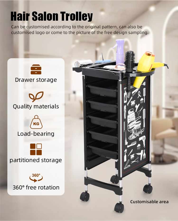 Features: Ample Drawer Storage: Multiple drawers provide ample space for all your styling tools and supplies, keeping them neatly organized and easily accessible. High-Quality Materials: Crafted from durable and high-quality materials, this trolley is built to withstand the demands of a busy salon environment. Sturdy Load-Bearing Design: The trolley boasts a robust load-bearing capacity, allowing you to store all your essential tools and supplies without compromising stability. Partitioned Storage: The drawers feature partitioned compartments, enabling you to further organize your tools and prevent clutter. 360° Free Rotation Wheels: Equipped with smooth-rolling wheels that offer 360° free rotation, this trolley can be effortlessly maneuvered around your salon, providing maximum convenience.